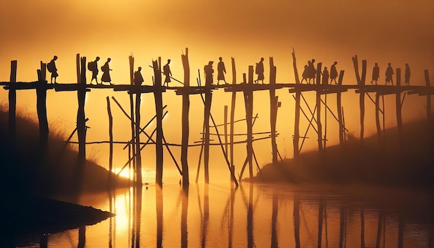 Dusk Silhouettes on Rustic Wooden Bridge Reflection