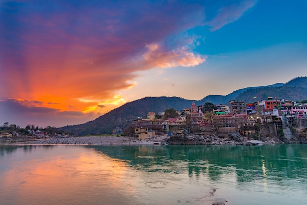 Dusk time at Rishikesh holy town and travel destination in India
