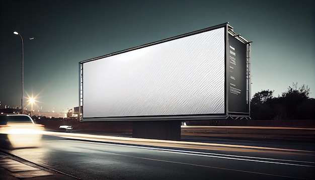 Dusk traffic on multiple lane highway illuminated billboards generated by AI