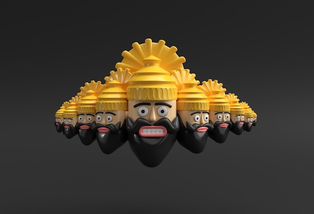 Dussehra Celebration - Ravana with ten Heads 3D Rendering Illustration.