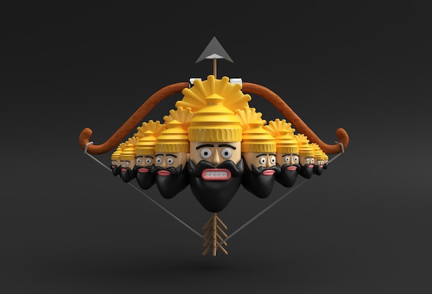 Dussehra Celebration - Ravana with ten Heads on bow and arrow 3D Rendering Illustration.