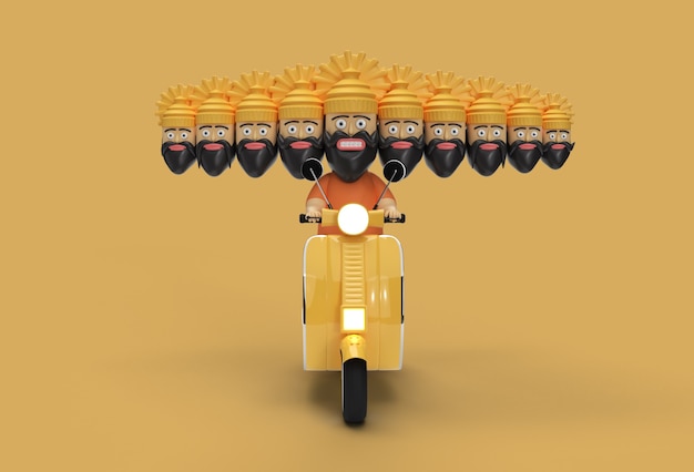 Dussehra Celebration - Ravana with Ten Heads Riding Motor Scooter - Pen Tool Created Clipping Path Included in JPEG Easy to Composite.