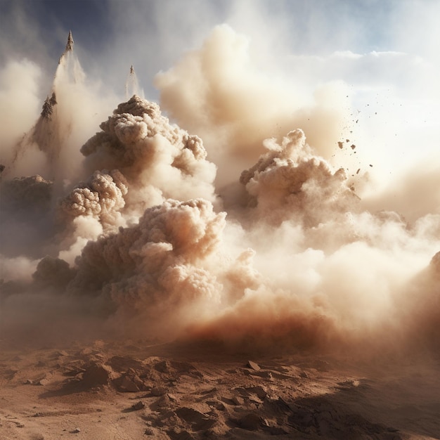 Dust clouds after dynamite blast on the mining site