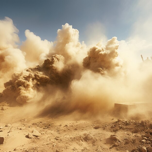 Dust clouds after dynamite blast on the mining site