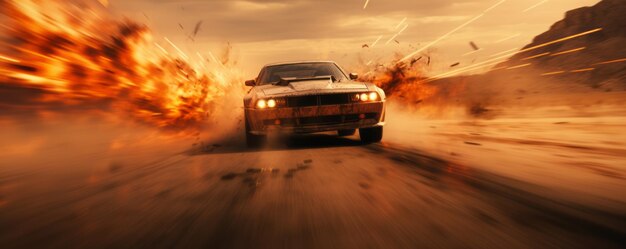 Photo dust and flames a thrilling armored chase at sunset in the mad max universe