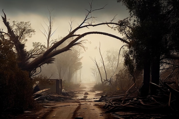 Dust from fallen trees and branches after devastating aftermath hurricane