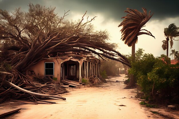 Dust from fallen trees and branches after devastating aftermath hurricane