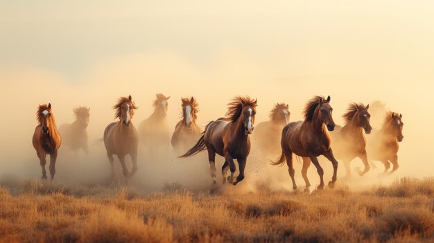 Dust kicks up as a herd of horses races across an arid desert terrain