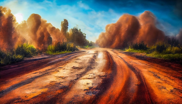 Dust sand cloud on a dusty road Scattering trail on track from fast movement Digital illustration