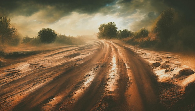 Photo dust sand cloud on a dusty road scattering trail on track from fast movement digital illustration