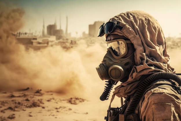 먼지로부터 보호하기 위해 가스 마스크와 산소 실린더를 가진 도시 남자의 먼지 폭풍