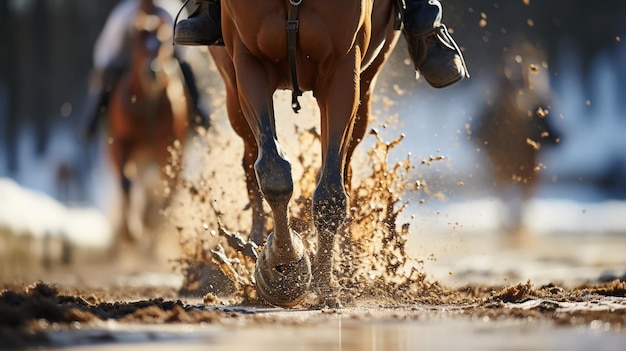写真 馬の蹄の下の塵  galloping horseの足