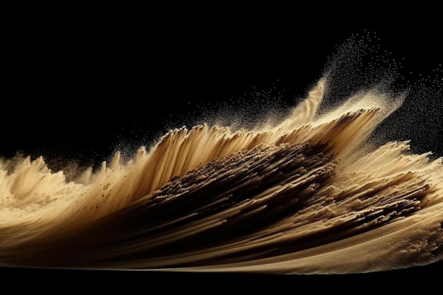 Photo dust and wood chips on a black background dirt particles fly in the air layout for design some dust