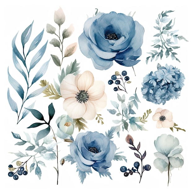 Dusty Blue Floral Clipart Elegant Watercolor Blooms