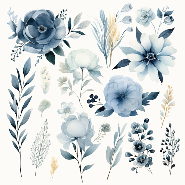 Dusty Blue Floral Clipart Elegant Watercolor Blooms