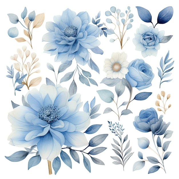 Dusty Blue Floral Clipart Elegant Watercolor Blooms