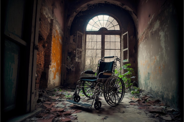 Photo dusty littered corrugation with wheelchair in abandoned asylum