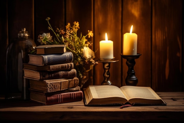 Dusty Old book and candles on wooden table Generate AI