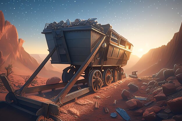 Photo a dusty old mining cart halfburied in the desert