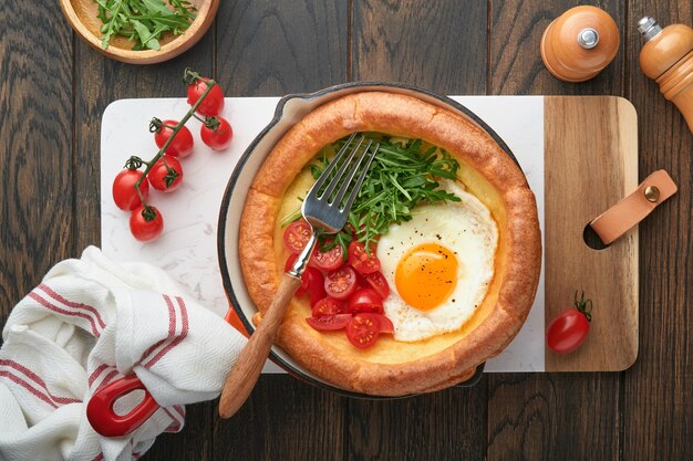 Dutch baby pancake Fresh homemade Dutch Baby pancake with fried egg tomato and green arugula in reed castiron pan on old wooden table Flat lay close up