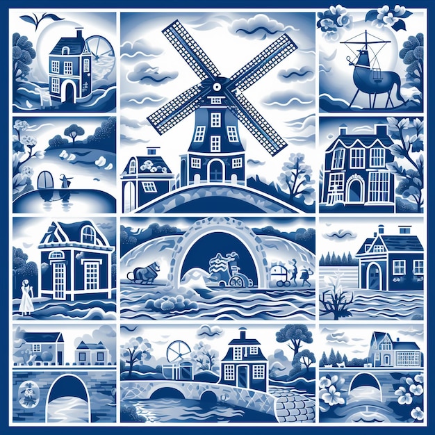 Photo dutch delft blue paper holland windmill landscape delft blue design dutch tiles