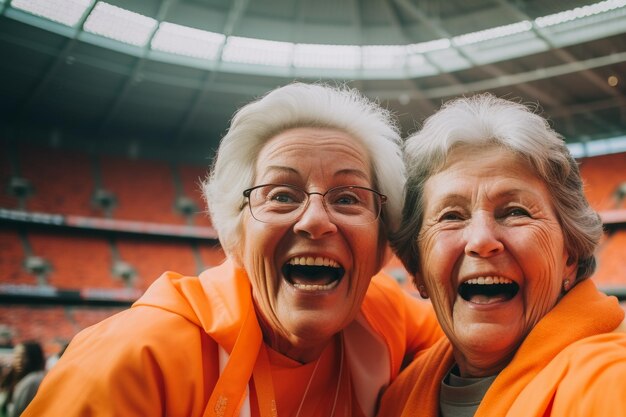 Dutch female football soccer fans in a World Cup stadium supporting the national team