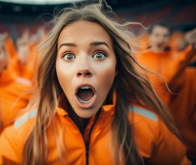 Dutch female football soccer fans in a World Cup stadium supporting the national team