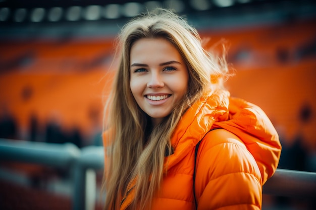 Dutch female football soccer fans in a World Cup stadium supporting the national team