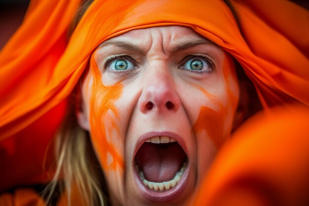 Dutch female football soccer fans in a world cup stadium supporting the national team