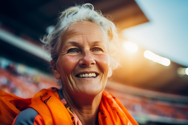 Dutch female football soccer fans in a World Cup stadium supporting the national team