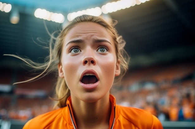 Dutch female football soccer fans in a world cup stadium supporting the national team