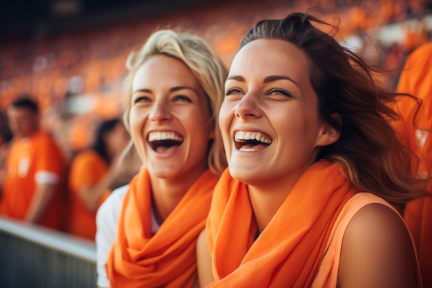 네덜란드 여자 축구 팬들이 월드컵 경기장에서 국가대표팀을 지지하고 있다.