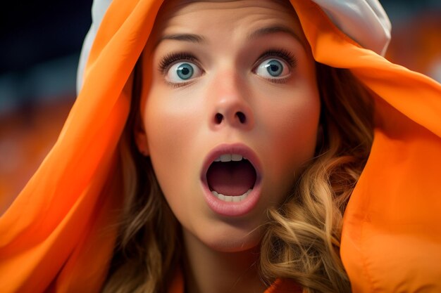 Dutch female football soccer fans in a World Cup stadium supporting the national team