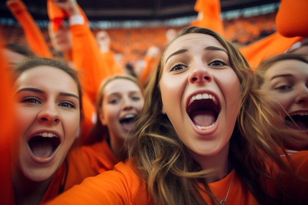 Dutch female football soccer fans in a World Cup stadium supporting the national team