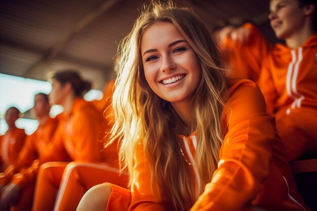 Dutch female football soccer fans in a World Cup stadium supporting the national team