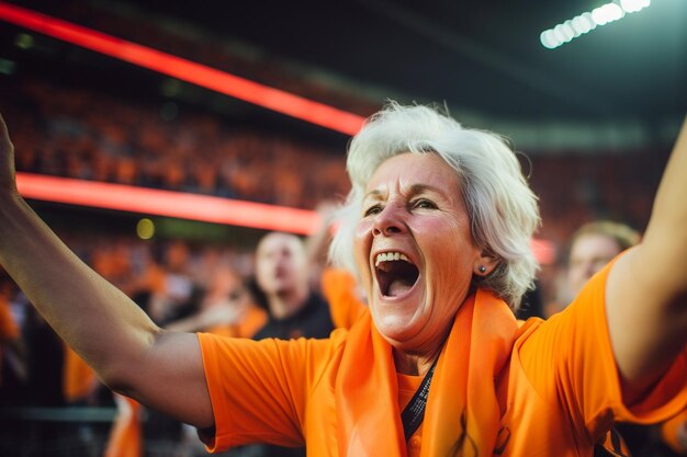 Dutch female football soccer fans in a World Cup stadium supporting the national team