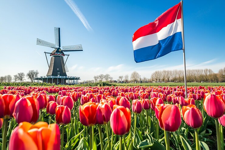 Photo dutch flag fluttering by windmill in field of tulips under a blue sky