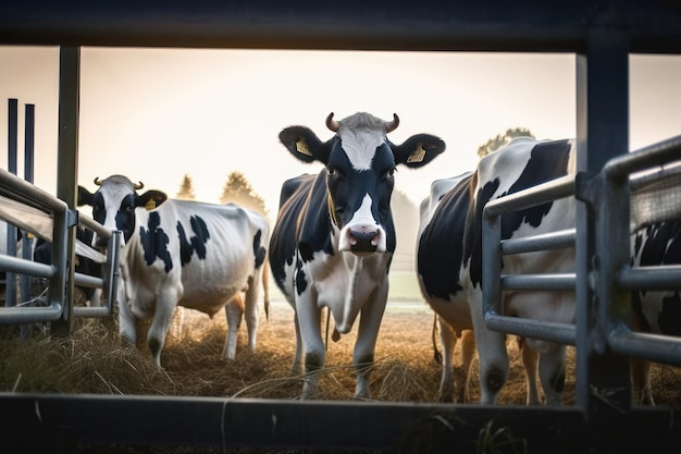 オランダのホルシュタイン牛がやかな目とピンクの鼻で緑の畑に立っています