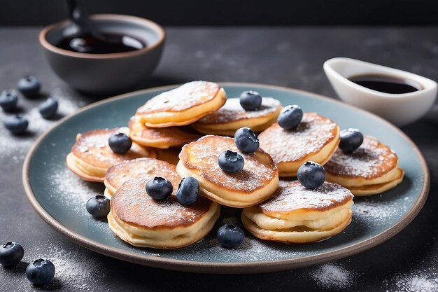 Photo dutch mini pancakes called poffertjes with blueberries sprinkled with powdered