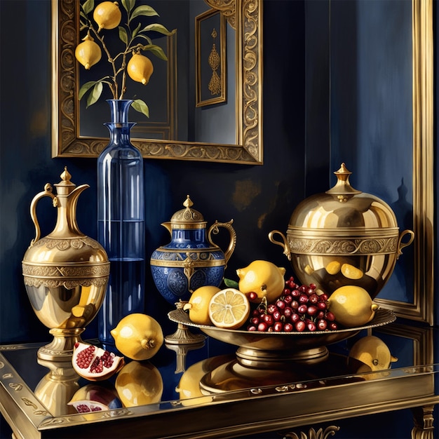 オランダの静物画、フルーツ、レモン、ザクロ、金色の金属容器、ガラス瓶