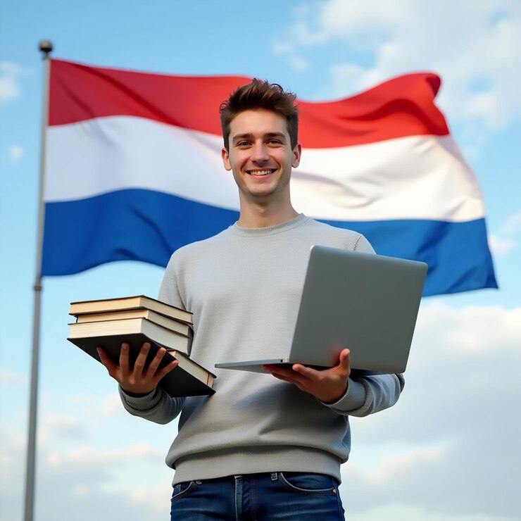 Dutch Student with Laptop and Books