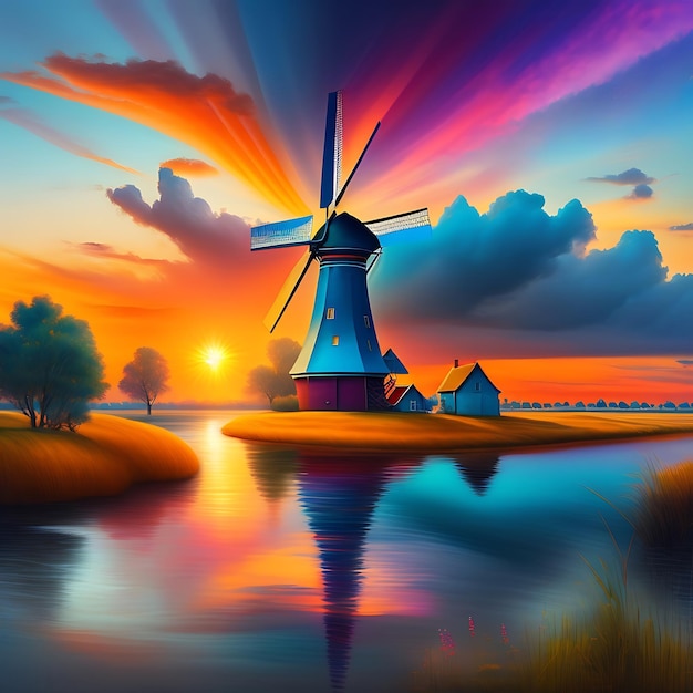 Dutch windmill abstract painting landscape Sun setting over river in holland