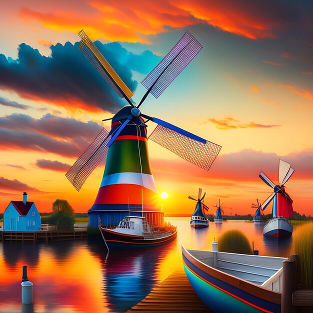 Dutch windmill abstract painting landscape sun setting over river with boats in holland