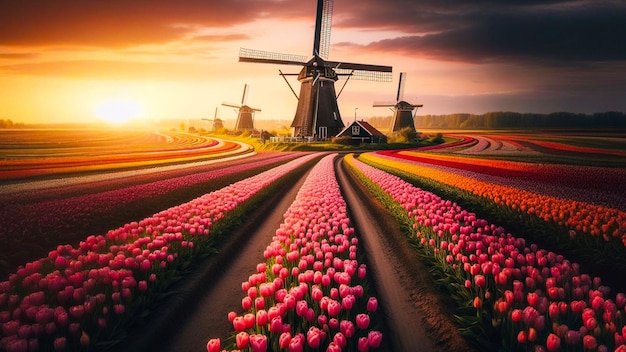 Голландские ветряные мельницы среди ярких полей тюльпанов