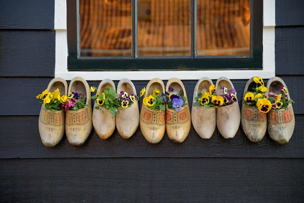 Dutch wooden shoes with flowers inside on the wall