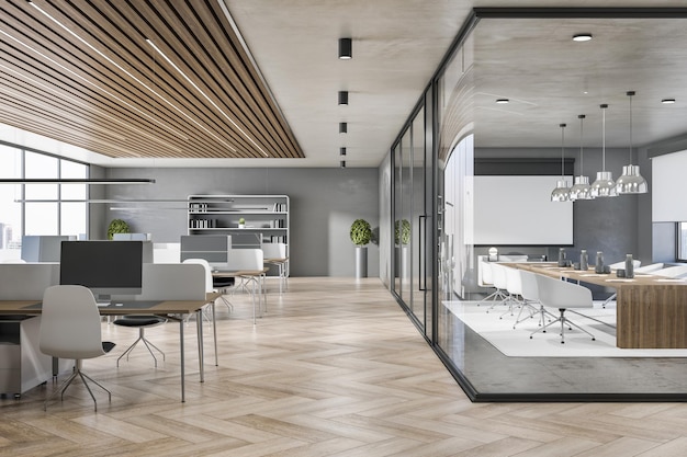 Duur beton- en houten kantoorinterieur met glazen scheidingswand en meubels daglichtvenster met uitzicht op de stad Werkplaatsconcept 3D-rendering