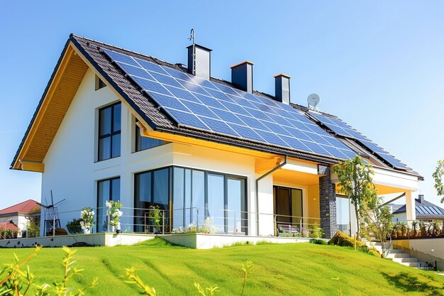 Duurzaam en nieuw milieuvriendelijk huis met zonnepanelen op het dak onder een heldere lucht