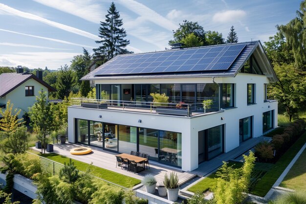 Duurzaam en nieuw milieuvriendelijk huis met zonnepanelen op het dak onder een heldere lucht