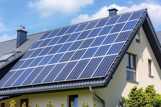 Duurzaam en nieuw milieuvriendelijk huis met zonnepanelen op het dak onder een heldere lucht