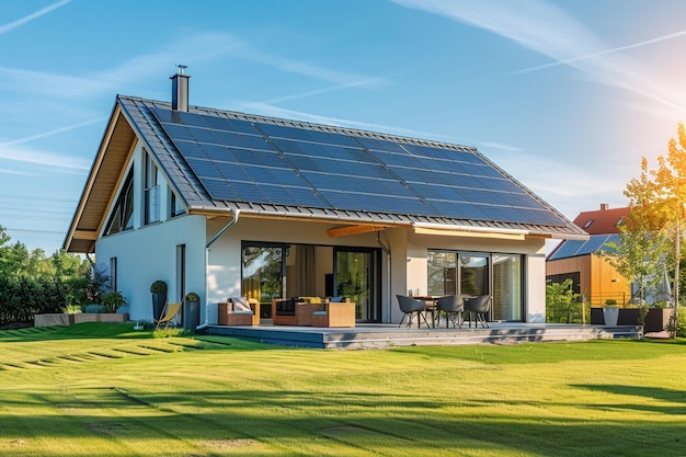 Duurzaam en nieuw milieuvriendelijk huis met zonnepanelen op het dak onder een heldere lucht